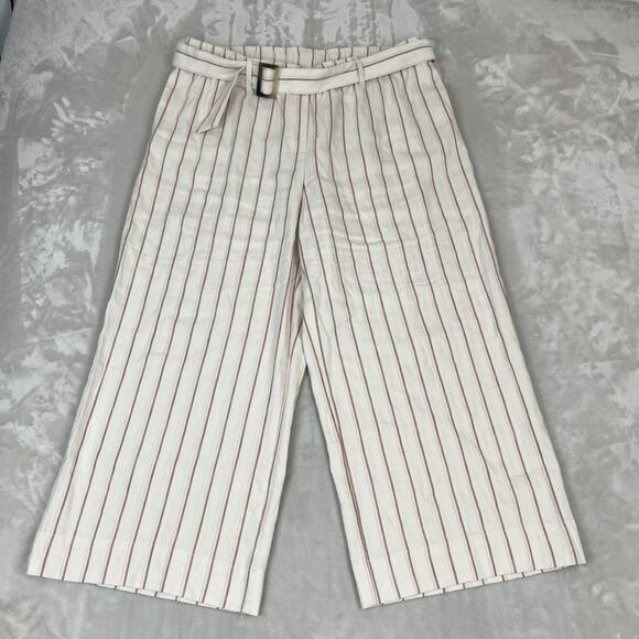 J Jill Pants Womens Large Cream Striped Love Linen Belted Wide Leg Crop Preppy - Picture 1 of 12